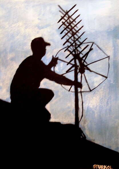 This is a photo of a watercolor donated to the U.S. Air Force Expeditionary Center's Mobility Operations School by artist Tech. Sgt. Scott T. Sturkol.  The title of the painting is "HELAM Communications."  (Air Force Photo)
