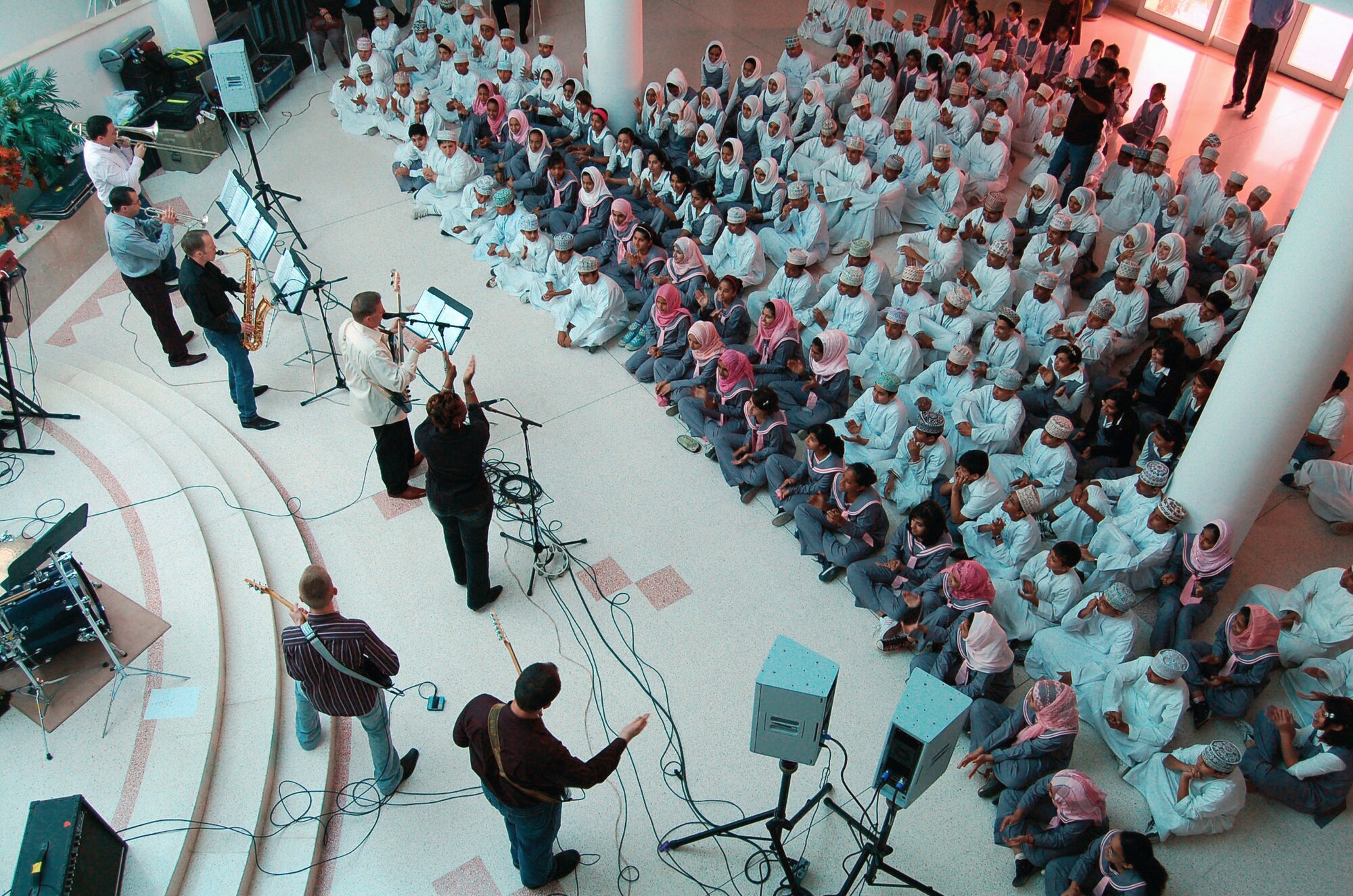 MUSCAT, Oman ?  U.S. Air Forces Central?Expeditionary Band ?Falcon? performs for students at Azzan Bin Qais School in Muscat, Oman. Based in Southwest Asia, the band is comprised of deployed Airmen from Active Duty, Reserve and Air National Guard bands.? The AFCENT Band rotates several ensembles through the AOR that perform a wide variety of musical styles to appeal to audiences of all ages and backgrounds. ?Falcon? is deployed from Wright-Patterson Air Force Base, Ohio. (Photo by Mr. Walter Parrs)
