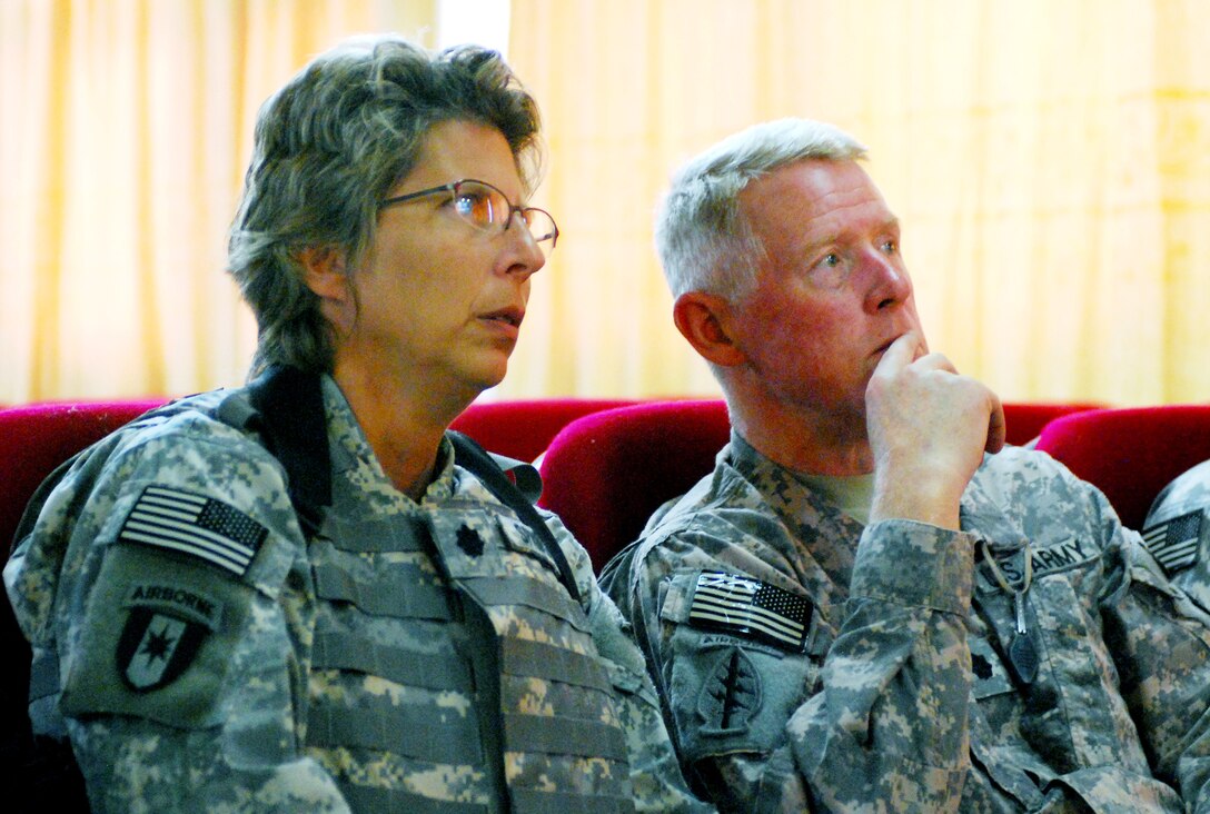 Army Lt. Col. Sue Springer and Army Lt. Col. (Dr.) Paul Perlik, with the 848th Forward Surgical Team, watch a video of a gallbladder surgery during their visit to the Karama Hospital in Kut, Iraq, March 5, 2009. U.S. Army photo by Sgt. 1st Class Joe Thompson