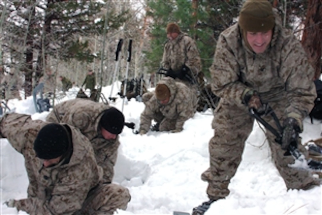U.S. Marines and sailors shovel snow to make a camping area during the practical application portion of their mountain warrior exercise at Marine Corps Mountain Warfare Training Center, Bridgeport, Calif., March 2, 2009.