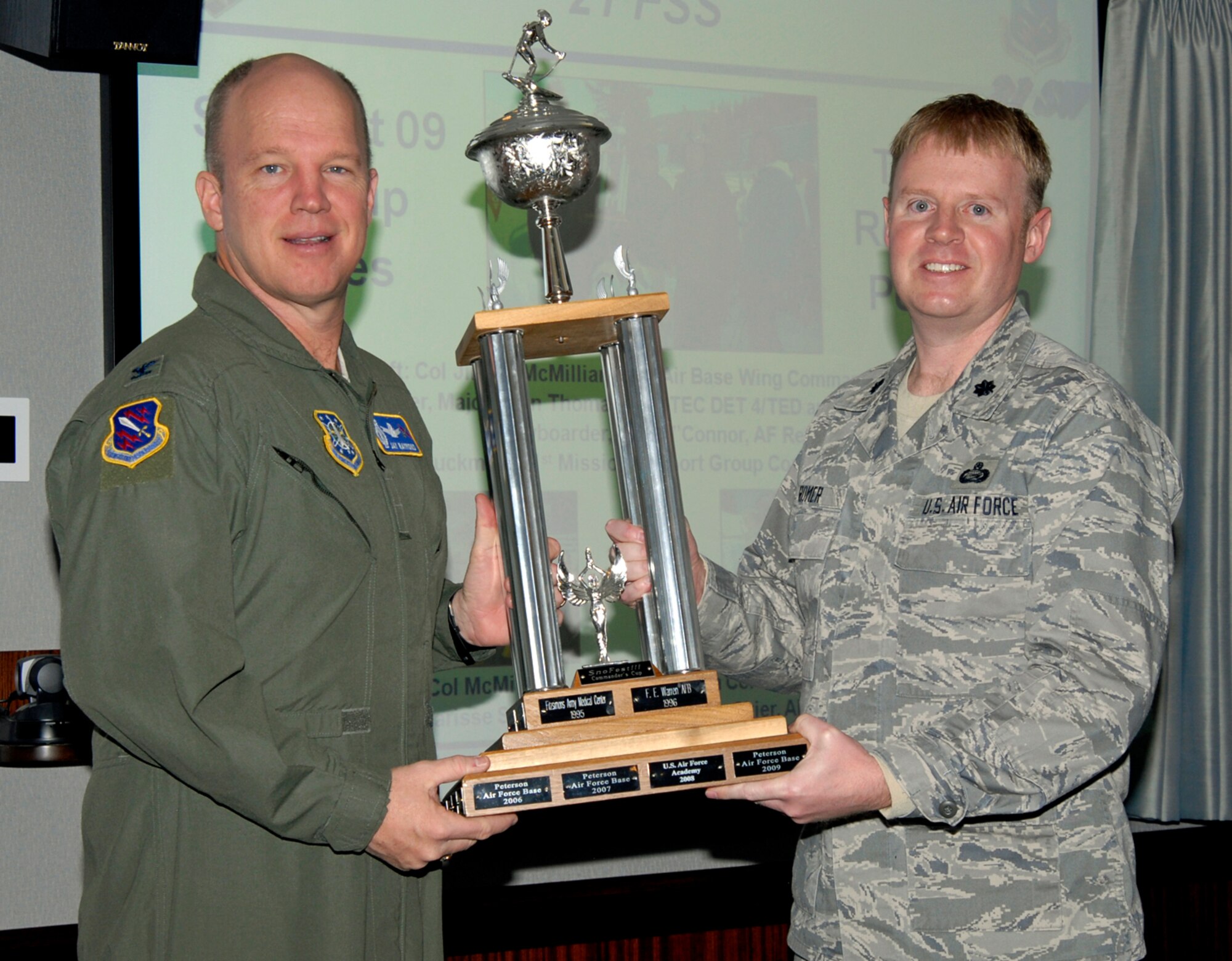 Lt .Col. Robert Romer, 21st Force Support Squadron commander presents the Sno Fest Commander’s Cup to Col. Jay Raymond, 21st Space Wing commander. Col. Jimmy McMillian, 10th Air Base Wing commander, and Col. Emily Buckman, 21st Mission Support Group commander, accepted the Cup on bahalf of Peterson Air Force Base during the 2009 SnoFest event held in Keystone, Colo.