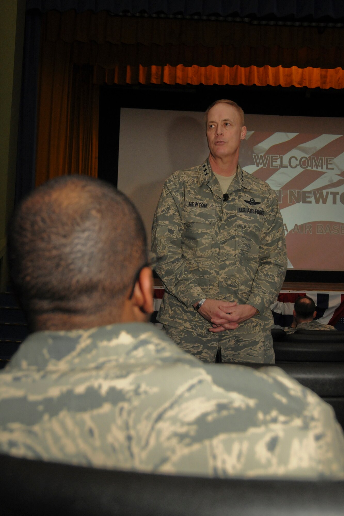 MISAWA AIR BASE, Japan -- Lt. Gen. Richard Newton, Headquarters U.S. Air Force deputy chief of staff for manpower and personnel, speaks during a town hall meeting March 10, 2009. General Newton's brief stay marked his first visit to Misawa Air Base. (U.S. Air Force photo by Senior Airman Jamal D. Sutter)