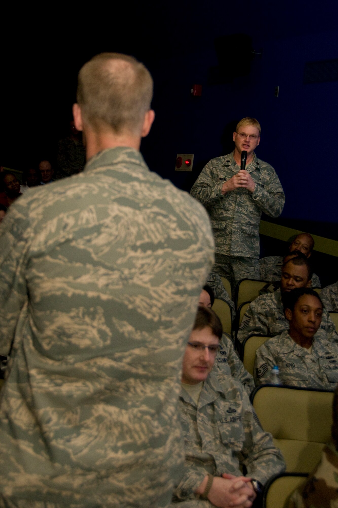 MISAWA AIR BASE, Japan -- Lt. Col. Christopher Myers, Catholic chaplain, addresses Lt. Gen. Richard Newton, Headquarters U.S. Air Force deputy chief of staff for manpower and personnel, during a town hall meeting March 10, 2009. Chaplain Myers asked about General Newton's views on morale in the Air Force and what top leadership is doing to improve it. (U.S. Air Force photo by Senior Airman Jamal D. Sutter)