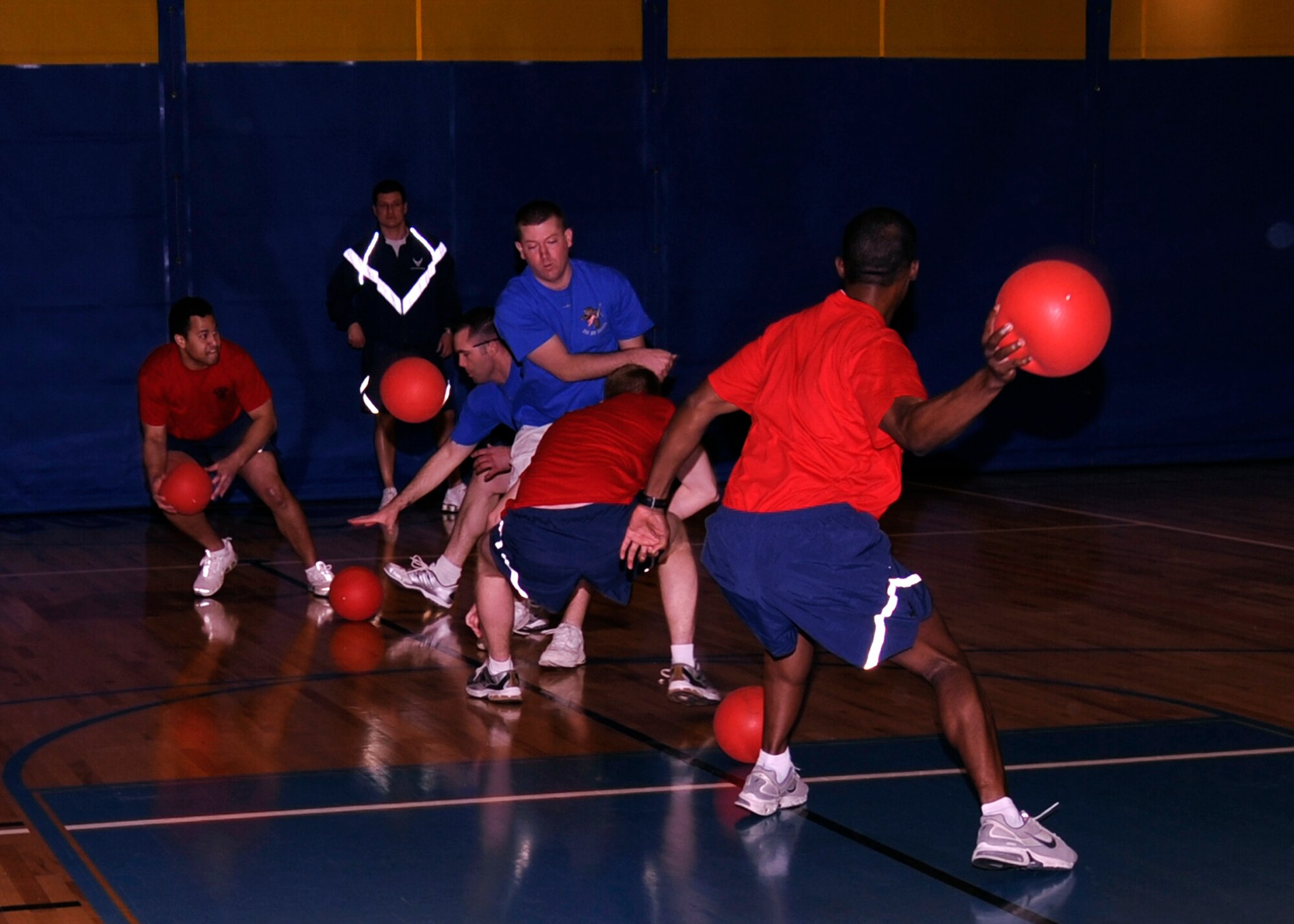 MCCONNELL AIR FORCE BASE, Kan. -- Squadrons compete in dodge ball matches during the Air Force Assistance Fund sports day, March 6. Sports day contained multiple events geared to gather Airmen and assist in raising funds for the AFAF. (Photo by Airman Justin Shelton) 