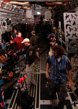 The Army Wives production crew preps the cargo bay of a Charleston C-17 for the filming of a new episode for the Lifetime Television series here March 10. Several locations on Charleston AFB were filmed, including the passenger terminal and the base shoppette. (U.S. Air Force photo/Senior Airman Timothy Taylor)