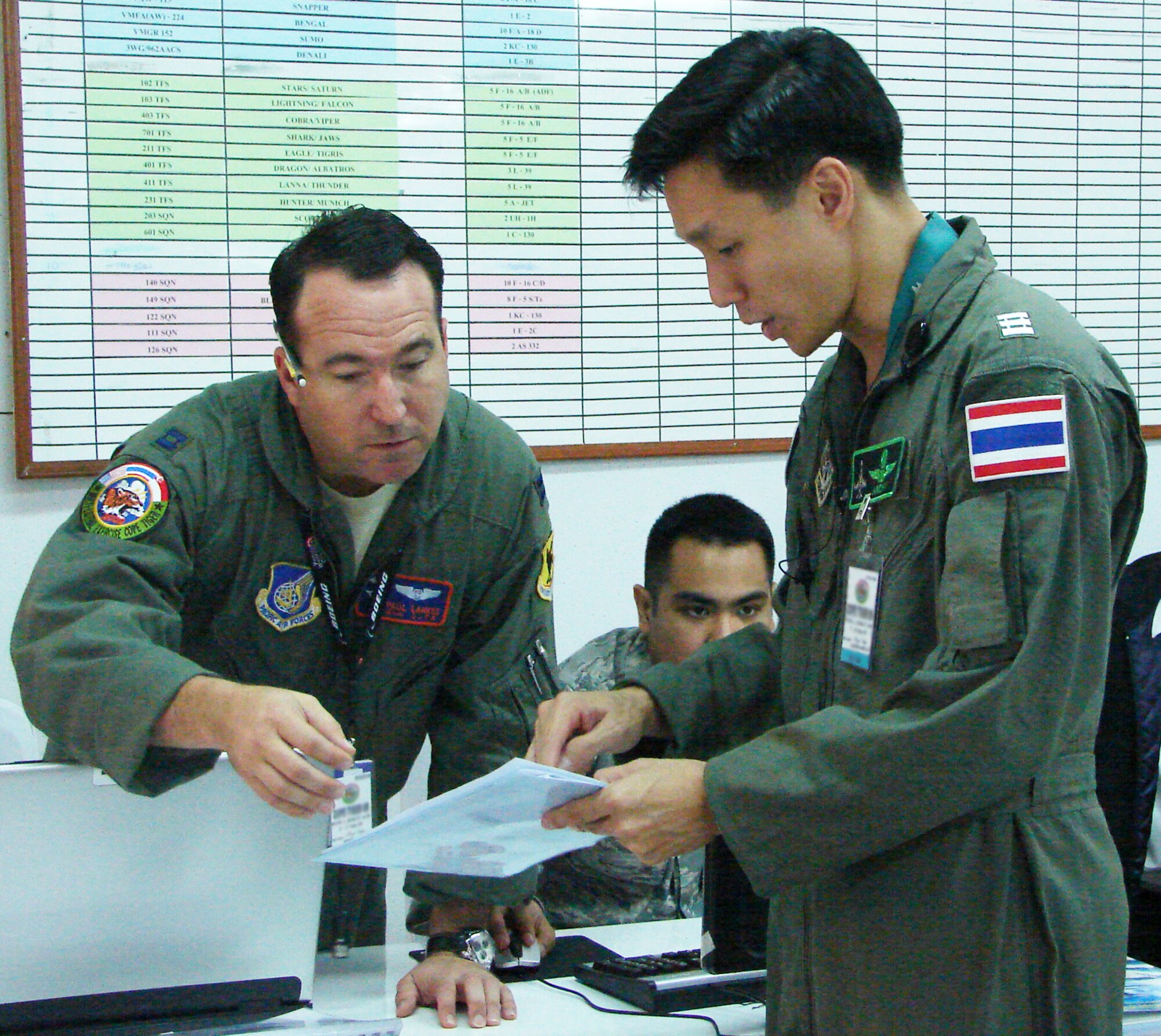 Capt. Paul Lankes, deployed to Cope Tiger 2009 from Kadena Air Base, Japan, discusses the day's flying schedule with Royal Thai Air Force Wing Commander Arnon Charusombat March 11 at Korat Royal Thai Air Force Base, Thailand.  Wing Commander Charusombat and Captain Lankes both work in the live fly cell for Cope Tiger 2009.  Cope Tiger is an annual, multilateral large force aerial exercise conducted in Thailand including U.S., Thai and Singaporean military forces.  The two-week exercise includes both aerial and humanitarian events.  (U.S. Air Force photo/Capt. Erika Yepsen)