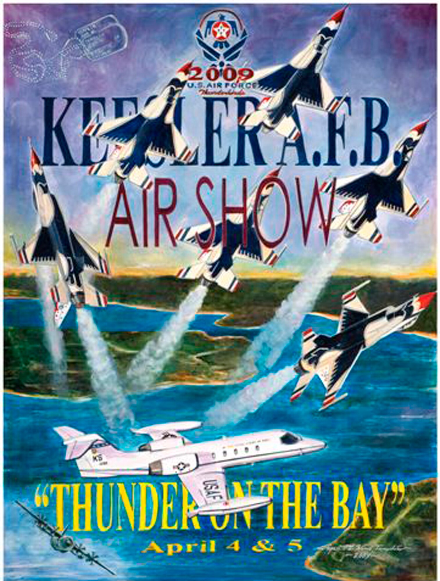Keesler artist Suzan Templin created this poster to promote Keesler’s Thunder on the Bay Air Show and Open House.  Performances by the Air Force Thunderbirds, Army Golden Knights, Trojan Phlyers aerobatic team, Air Force Wings of Blue parachute team, T-33 vintage Thunderbird and others are planned.  Demonstrations of the Navy F-18, Coast Guard search and rescue team and Keesler’s C-130s and C-21s are also on the schedule.  For complete information about the event, visit the Keesler public Web site, http://www.keesler.af.mil and click on the “Thunder on the Bay” icon.  