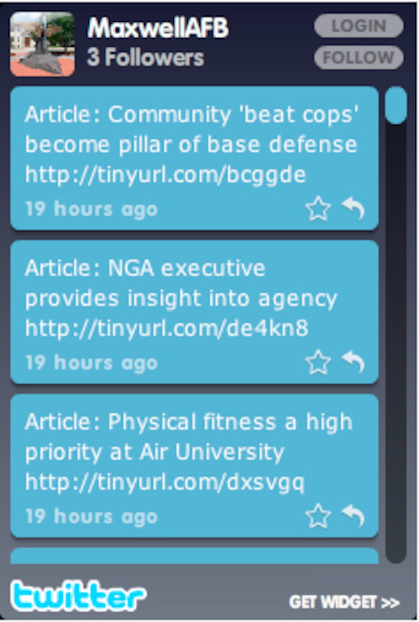 Pictured is a screenshot of a Web application showing Maxwell Air Force Base's Twitter feed. Maxwell joined Twitter on March 7, making it the first base in Air Education and Training Command to do so. (Courtesy graphic)