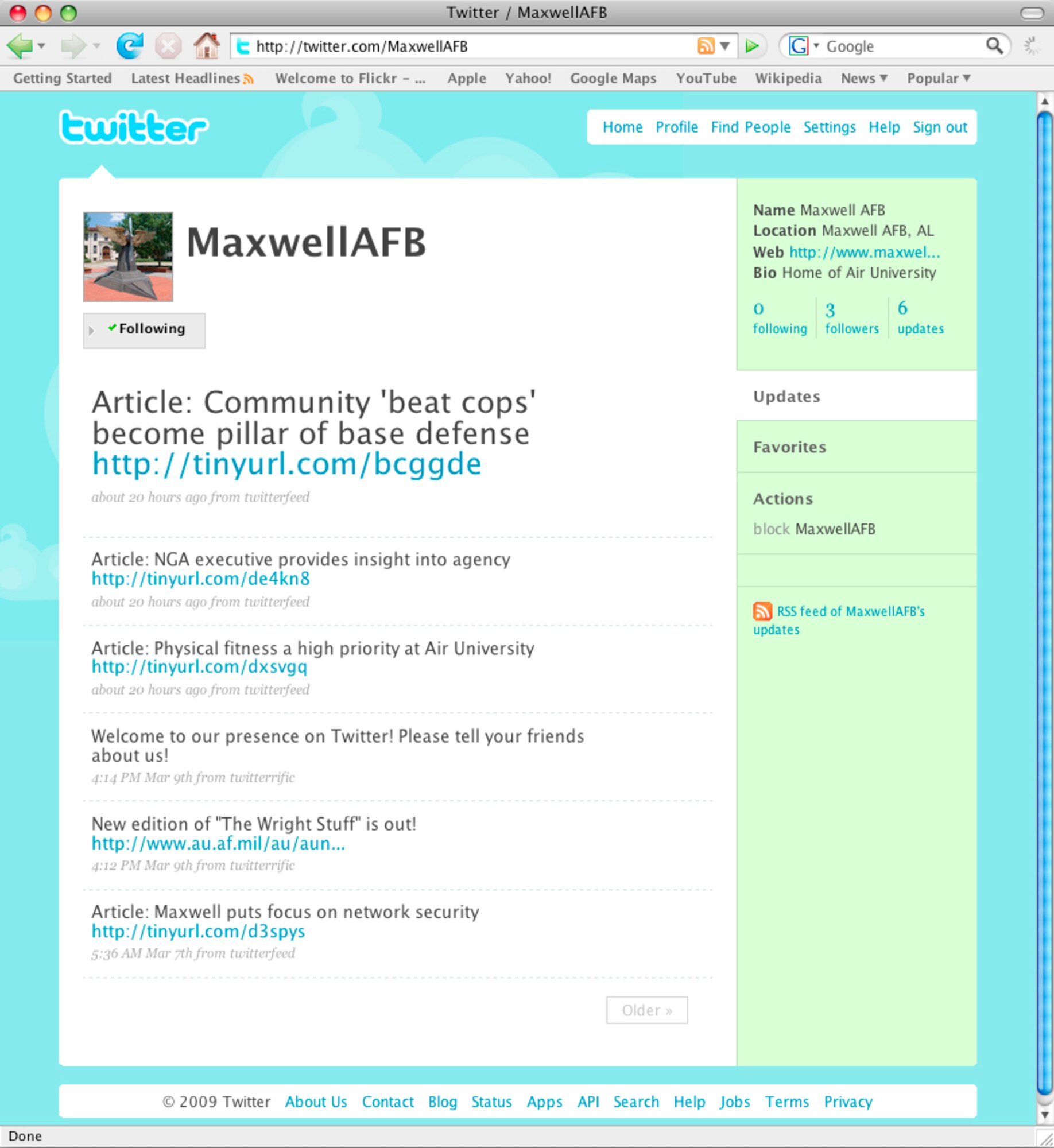 Pictured is a screenshot of Maxwell Air Force Base's Twitter feed. Maxwell joined Twitter on March 7, making it the first base in Air Education and Training Command to do so. (Courtesy graphic)