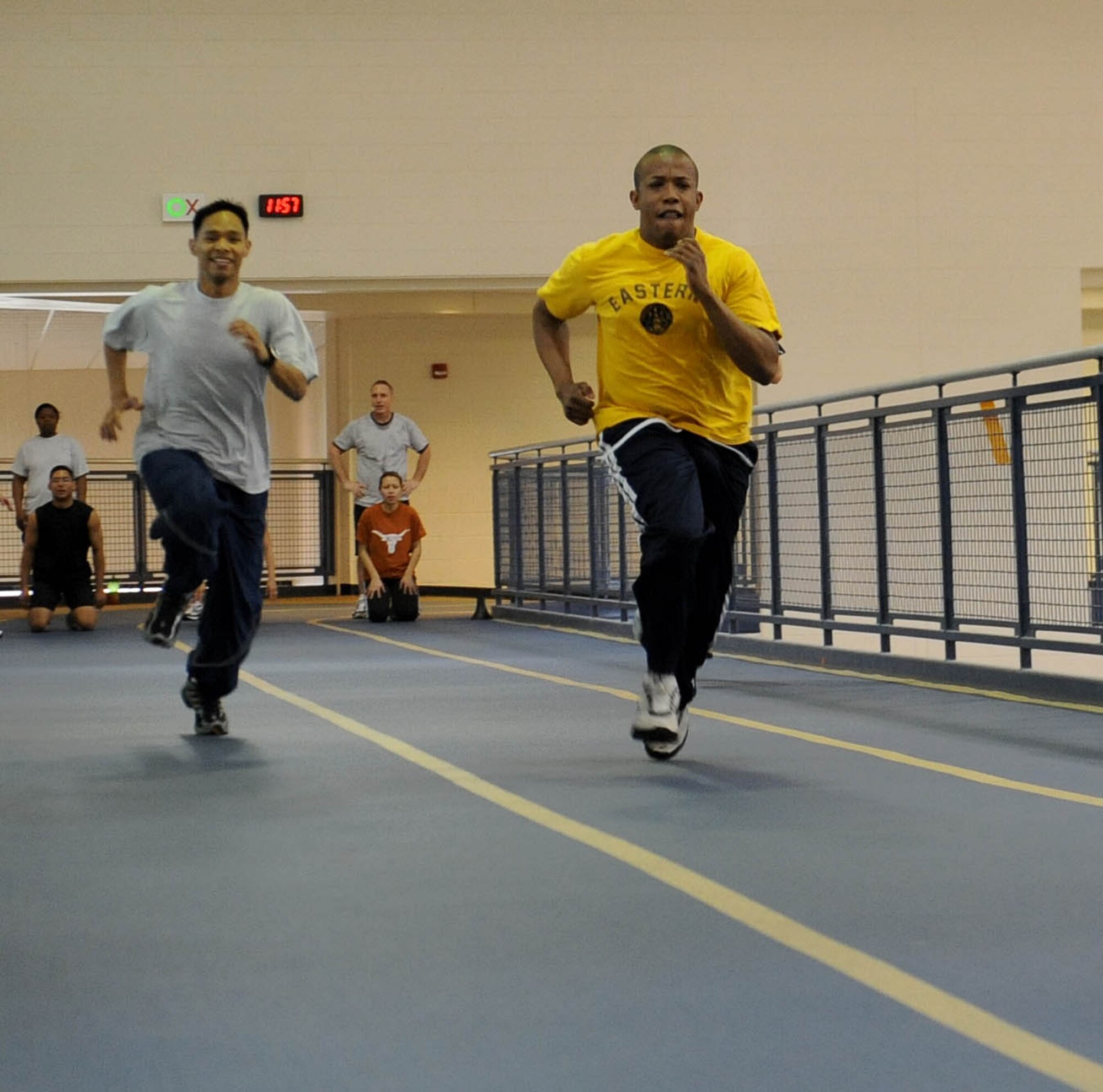 LANGLEY AIR FORCE BASE, Va. -- Langley Airmen participate in a Velocity Sports Performance cardiovascular workout at the Shellbank Fitness Center March 10. Performance coaches held the workshop to teach Airmen new innovative training methods for building their physical fitness. (U.S. Air Force photo/Airman Rebecca Montez)