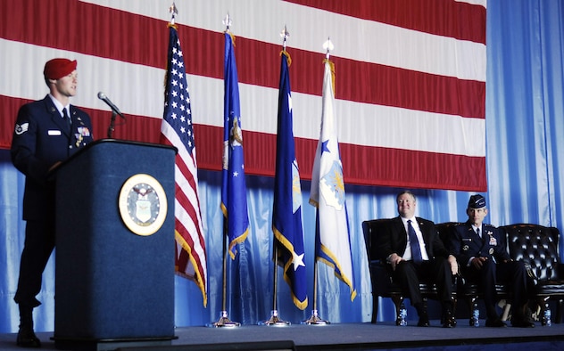 Staff Sgt. Zachary Rhyner addresses the crowd after receiving the Air Force Cross and a Purple Heart as Secretary of the Air Force Michael B. Donley and Air Force Chief of Staff Gen. Norton Schwartz watch March 10 at Pope Air Force Base, N.C. Sergeant Rhyner of the 21st Special Tactics Squadron received the medals for uncommon valor during Operation Enduring Freedom for his actions during an intense 6.5-hour battle in Shok Valley, Afghanistan, April 6, 2008. (U.S. Air Force photo) 
