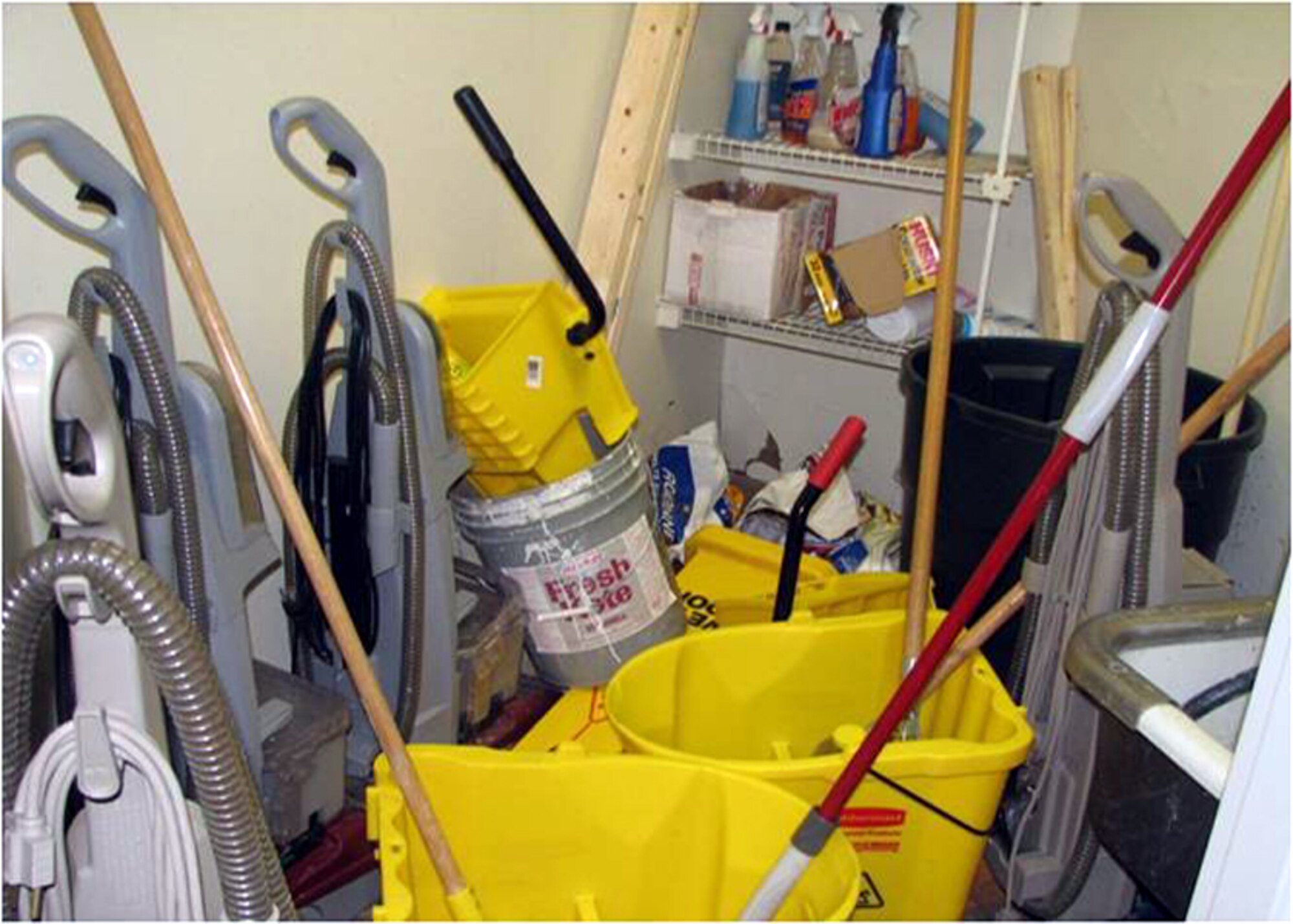This is what the bay orderly closets in dormitories looked like prior to the 6S project here recently. Equipment was unorganized and cluttered, making it difficult for Airmen to conduct inventories and keep items stocked. (Courtesy photo)