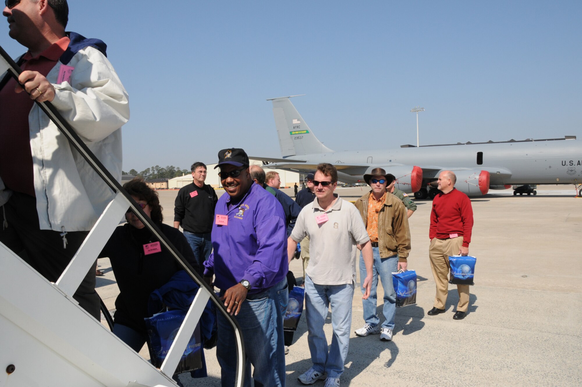 SEYMOUR JOHNSON AIR FORCE BASE, N.C. -- Employers board a KC-135R Stratotanker at Seymour Johnson Air Force Base in early March. The employers were taking part in the 916th Air Refueling Wing's bi-annual Employer's Day.
