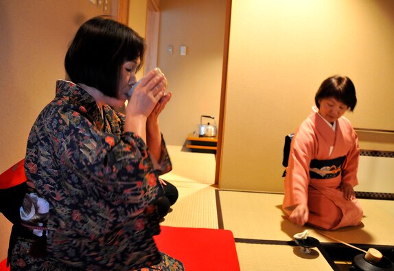 MISAWA CITY, Japan -- Reiko Uno drinks traditional Japanese tea at a tea ceremony class in the Misawa International Center March 6, 2009. The classes are offered to Japanese and American students. (U.S. Air Force photo by Senior Airman Chad Strohmeyer)