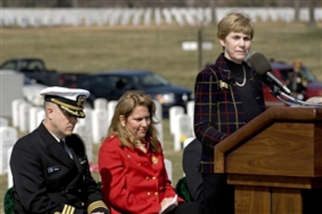 Deborah Mullen, wife of U.S. Navy Adm. Mike Mullen, chairman of the Joint Chiefs of Staff, speaks at the First Annual Remembrance Ceremony in Dedication to Fallen Military Medical Personnel at Arlington National Cemetery, March 11, 2009.