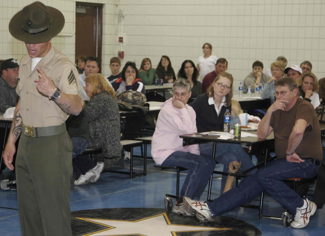 Marine Corps drill instructors visited numerous Iowa,  Nebraska and Illinois locations March 9-13 to join more than 1,000 young men and women who have signed up for the Marine Corps, as well as their families and friends, for dinner, a presentation on recruit training, and an unforgettable 25-minute taste of what these “poolees” can expect at boot camp.