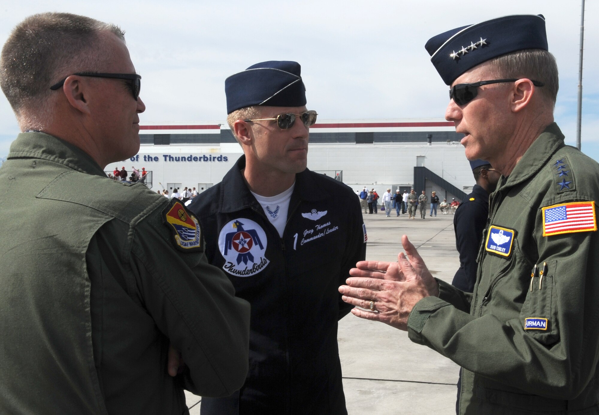 Gen. John D. W. Corley, Air Combat Command commander, speaks with Lt. Col. Greg Thomas, the U.S. Air Force Thunderbirds commander and Brig. Gen. Kevin McLaughlin, the U.S. Air Force Warfare Center vice-commander  prior to the Thunder Bird Acceptance Show, March 12. The acceptance show kicks-off the Thunderbird's travel season. The Thunderbirds are scheduled to perform in more than 70 shows in the United States, Puerto Rico and the Far East.  (USAF Photo by Staff Sgt. Kristi Machado) (RELEASED)