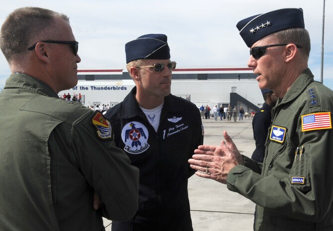 Gen. John D. W. Corley, Air Combat Command commander, speaks with Lt. Col. Greg Thomas, the U.S. Air Force Thunderbirds commander and Brig. Gen. Kevin McLaughlin, the U.S. Air Force Warfare Center vice-commander  prior to the Thunder Bird Acceptance Show, March 12. The acceptance show kicks-off the Thunderbird's travel season. The Thunderbirds are scheduled to perform in more than 70 shows in the United States, Puerto Rico and the Far East.  (USAF Photo by Staff Sgt. Kristi Machado) (RELEASED)