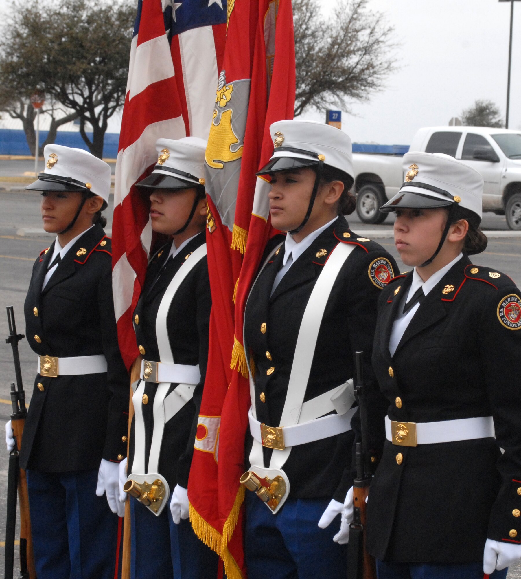 Marine Corp Junior Reserve Officer Training Corps cadets from Caprock High School, Amarillo, Texas practice for their upcoming color guard competition.  Angelo State University, San Angelo held its annual Texas high school JROTC drill competition on March 7.  The event was hosted by the ASU Air Force ROTC Det 847.  About 125 junior JROTC students from 11 West Texas high schools, making up over 60 teams competed in armed and unarmed regulation, exhibition and inspection drills, individual drills, tandem drills, color guard and physical fitness event called the Warrior Challenge.  Judges included ASU AFROTC cadets and Army, Marine Corps and Navy personnel from Goodfellow Air Force Base. (U.S. Air Force photo by Senior Master Sgt. Robert Martinez)