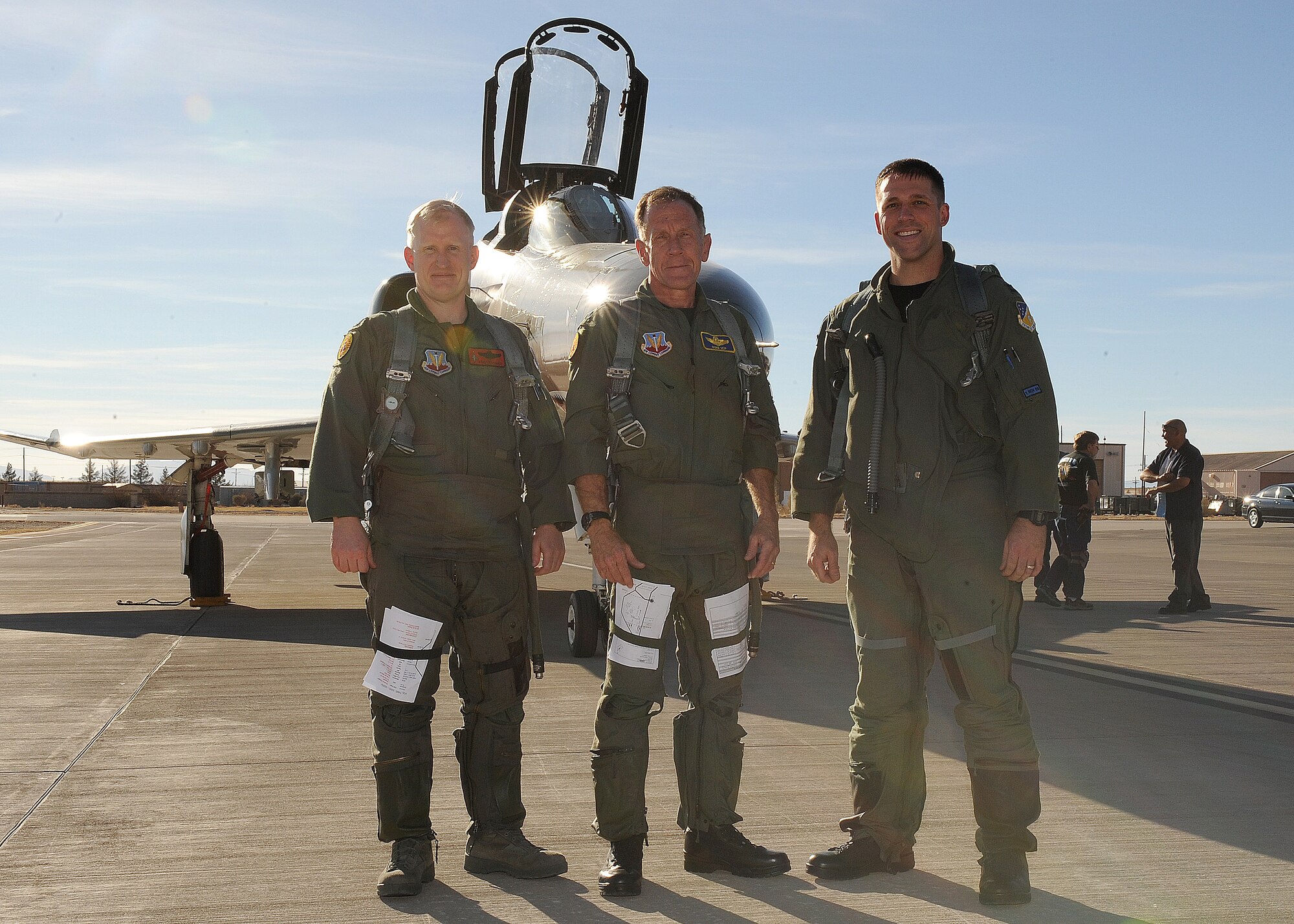 Lt. Gen. Norman R. Seip,12th Air Force commander, poses for a photo with Lt. Col. Ryan Luchsinger, 82nd Aerial Target Squardon commander and Capt. Jason Camilletti, 7th Fighter Squadron after flying with them at Holloman AFB, N.M., March 2. It was the first time General Seip flew an F-4 in 26 years. (U.S. Air Force photo/Senior Airman Michael Means)