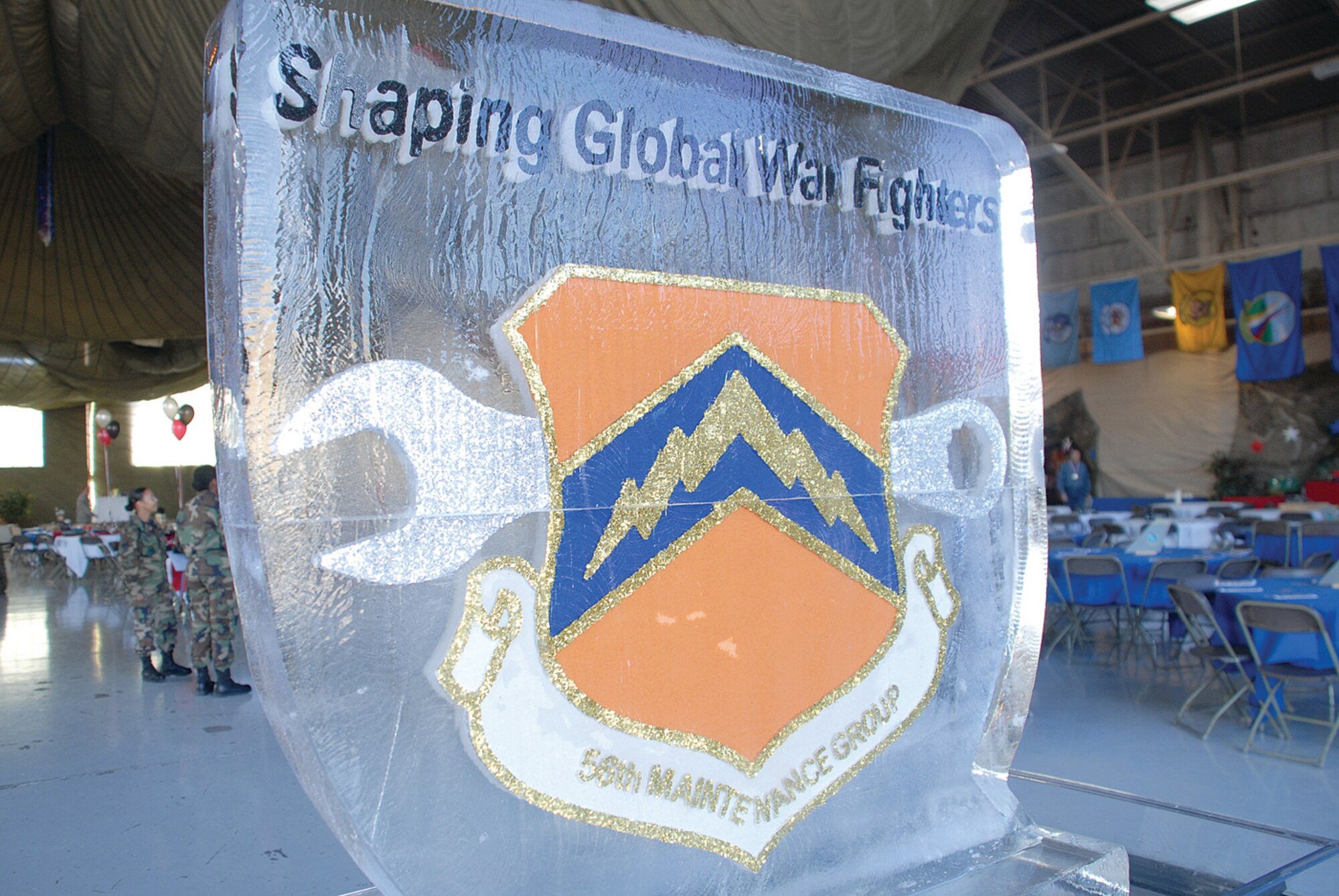 An ice sculpture honoring the 56th Maintenance Group sits on display at the Maintenance Professional of the Year banquet. (U.S. Air Force photo/ Airman 1st Class Tracie Forte)