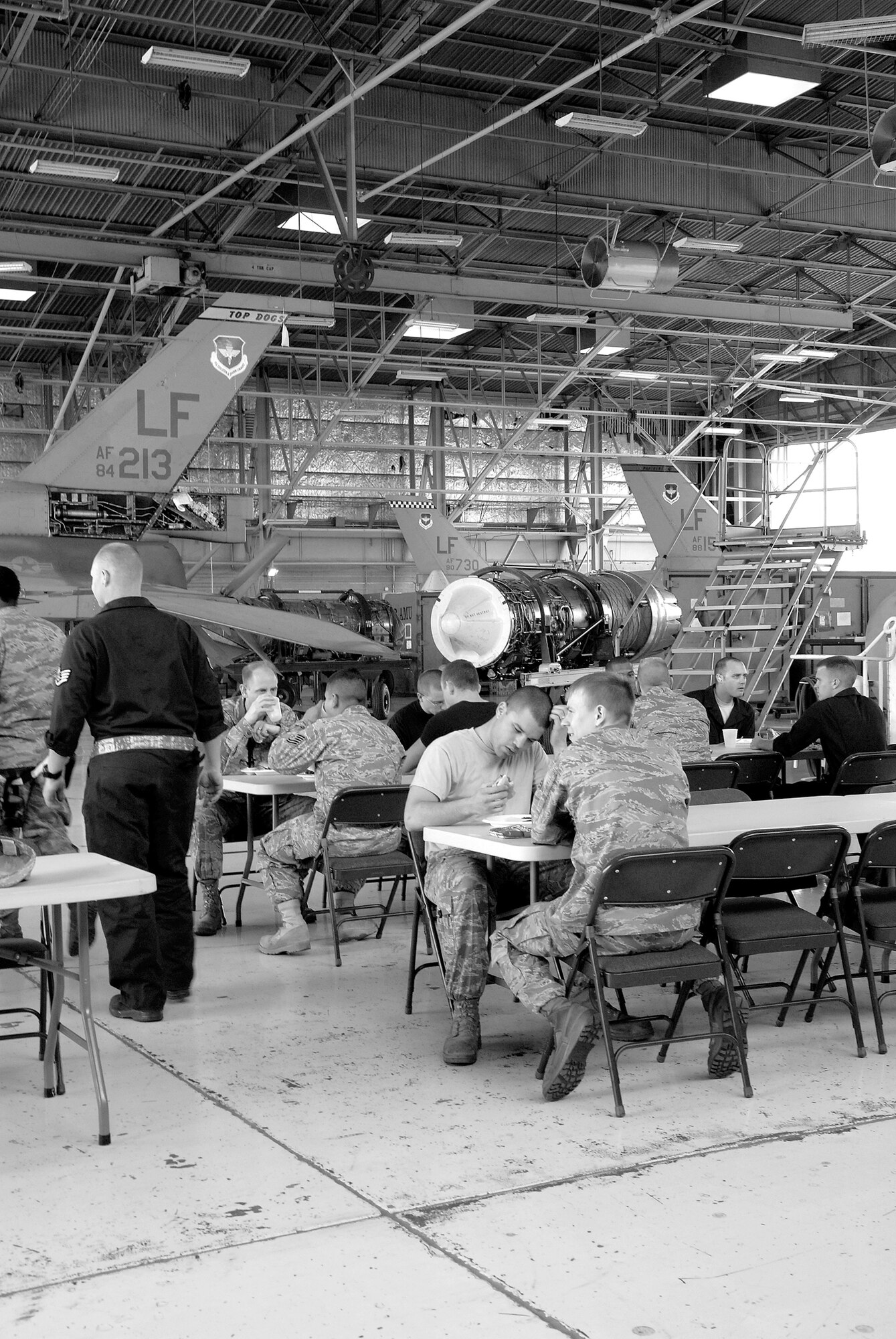 Airmen enjoy March’s Flightline Feast in Hangar 914. All Luke members who work on the flightline are invited to attend the monthly event sponsored by the Luke Air Force Base Chapel. (Deborah Silliman-Wolfe)