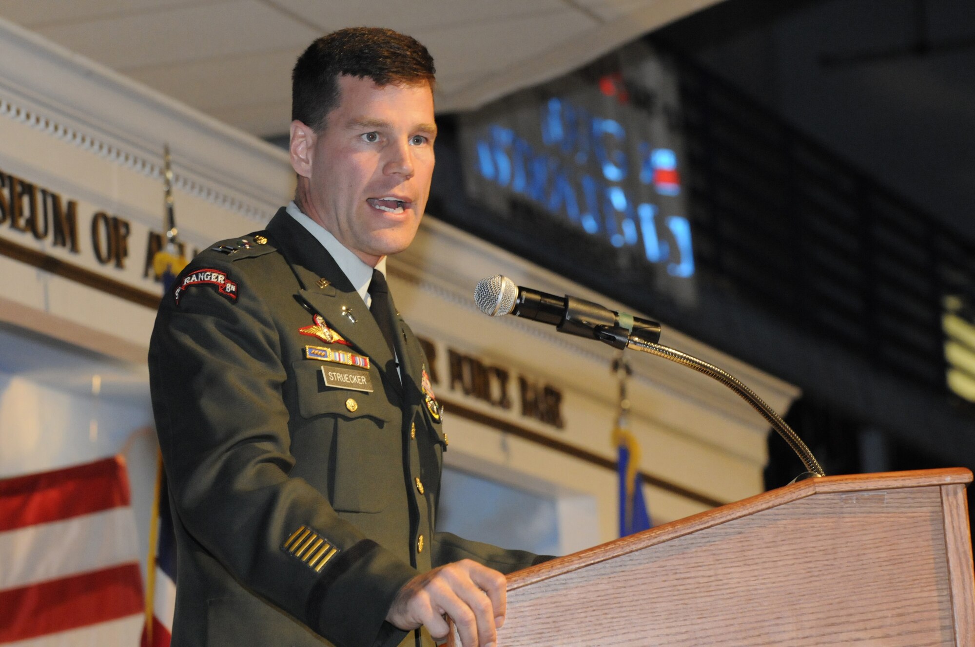 Chaplain (Captain) Jeff Struecker was guest speaker at Robins Air Force Base National Prayer Luncheon March 10 at the Museum of Aviation. U. S. Air Force photo by Sue Sapp