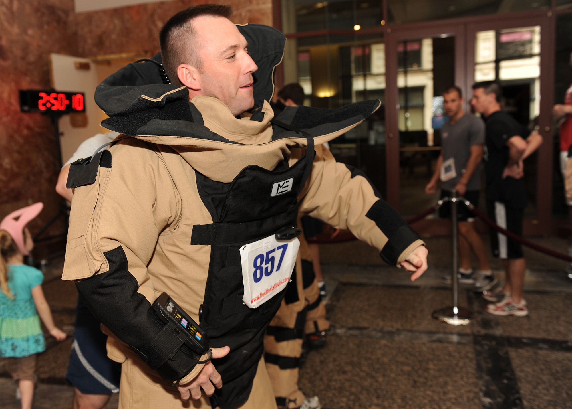SCOTT AIR FORCE BASE, Ill. --Tech. Sgt. Tony Campbell prepares to climb the stairs in his full gear Saturday.  Team Scott members rallied to raise money for the American Lung Association.(U.S. Air Force photo/Staff Sgt. Paul Villanueva) 