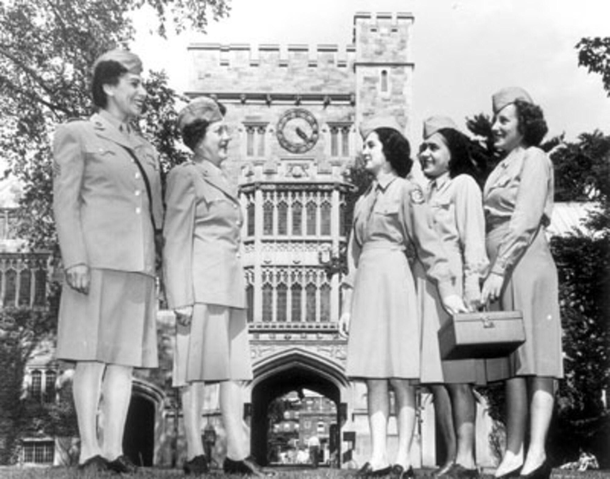 Female enlistees speak with their superiors on their college campus. Many women enlisted in all branches of the service in World War II as nurses. (Courtesy photo)