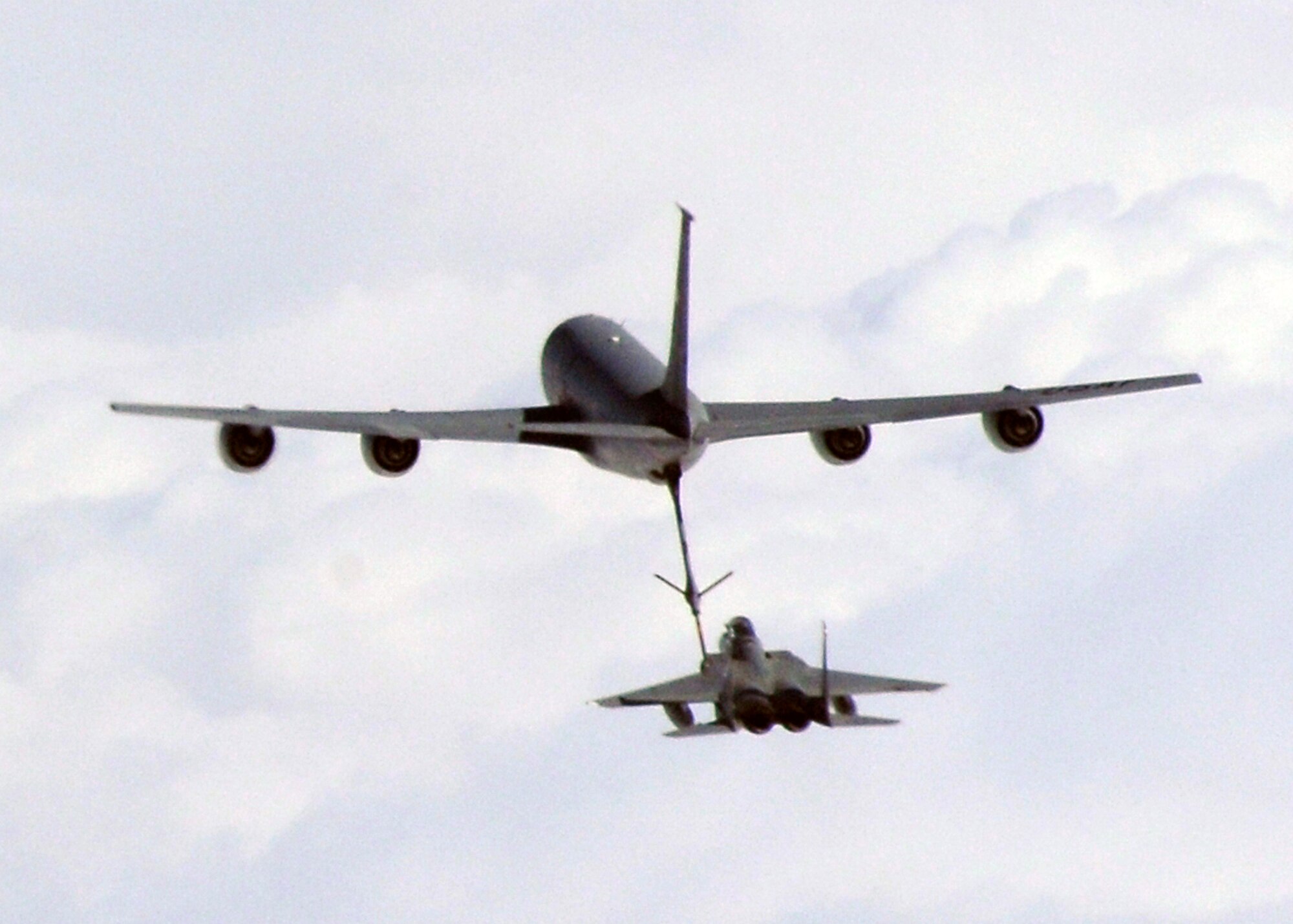 A KC-135 Stratotanker refuels an F-15 over Portland, Ore. during one of two air refueling missions on March 5. (U.S. Air Force photo / Airman 1st Class Melissa L. Barnett)