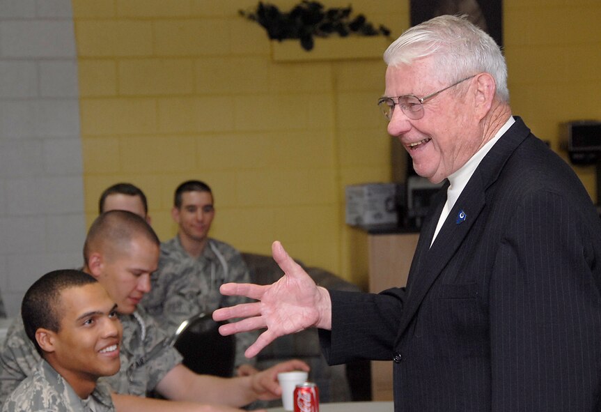 Chief Gaylor talks with "white ropes" March 7 during a visit to Sheppard Air Force Base, Texas. One of his goals is to help Airmen realize they are a part of something special, he said during a similar visit to Keesler April 2-3. (U.S. Air Force photo/Harry Tonemah) 