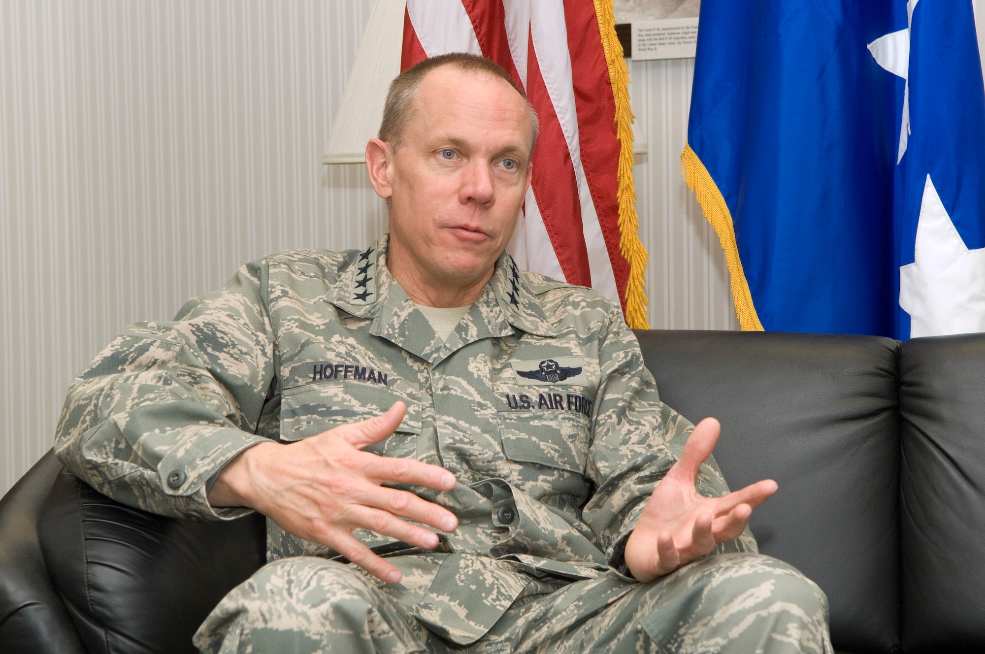 HANSCOM AIR FORCE BASE, Mass. – Gen. Donald J. Hoffman, Air Force Materiel Command commander, addresses questions during an interview in the Distinguished Visitors Lounge prior to departing Hanscom March 11.  The general was wrapping up a whirlwind two-day visit to the base during which he met with personnel from each of the Electronic Systems Center wings, spoke to recently returned deployers, toured the Air Force Research Laboratory and met with local community leaders.  (U.S. Air Force photo by Mark Wyatt)