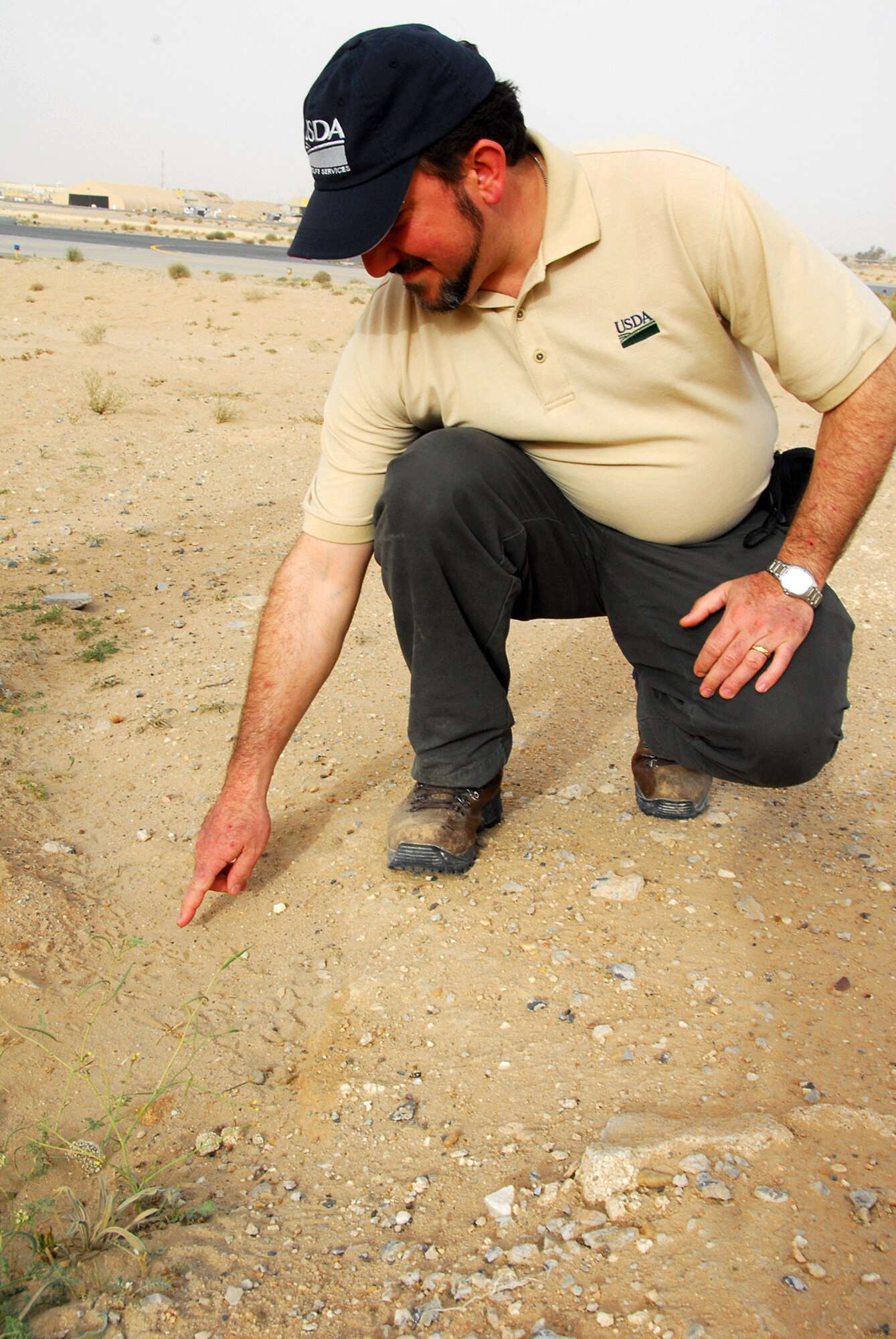 SOUTHWEST ASIA -- Michael Begier, U.S. Department of Agriculture Animal Plant Health Inspection Service, points out bird tracks near the flightline of an air base in southwest Asia Feb. 23. The 386th Air Expeditionary Wing Safety Office asked Mr. Begier to look over their bird aircraft strike hazard plan during a visit to the AOR in February. (U.S. Air Force photo by Senior Airman Courtney Richardson)