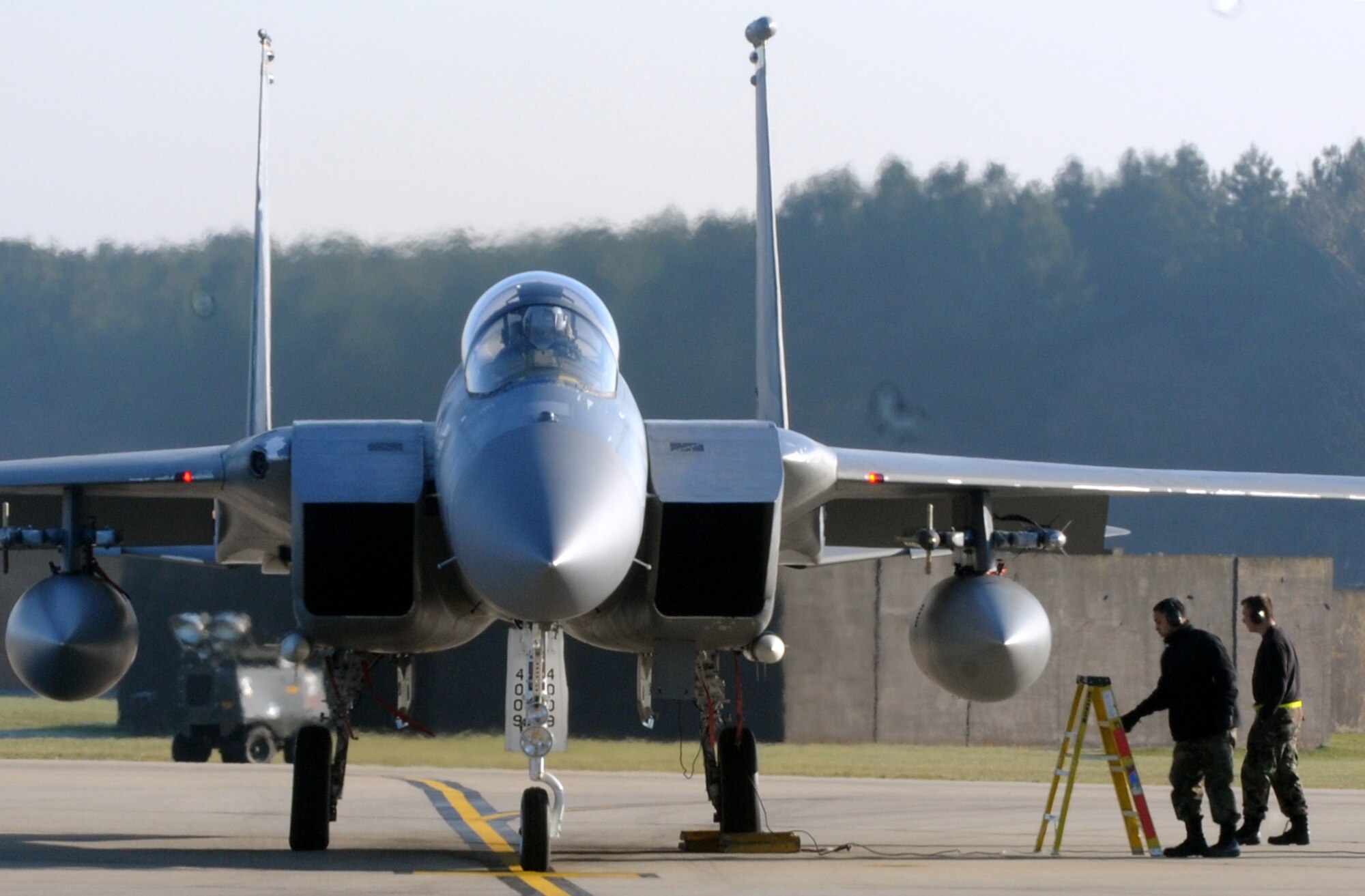 48th Fighter Wing maintainers ready a 493rd Fighter Squadron F-15C Eagle minutes before it departs for Gando Air Base, Spain March 6, 2009. The squadron sent aircraft support personnel, pilots and aircraft to participate in the dissimilar air combat training exercise. (U.S. Air Force photo by Staff Sgt. Nathan Gallahan.)