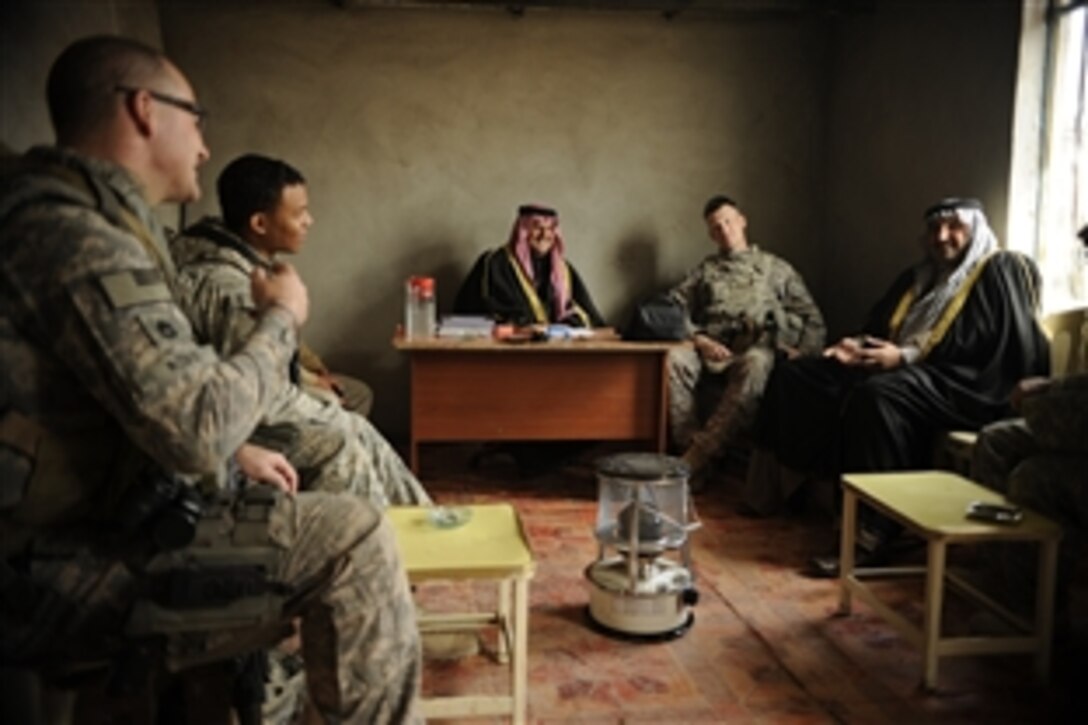 U.S. soldiers from 1st Battalion, 67th Armored Regiment, Fort Carson, Colo., meet with sheiks at a Civil Service Corps site to discuss the progress of training in Nimrud, Iraq, March 5, 2009. The corps is an Iraqi-funded effort for an on-the-job training program to provide military-aged males trade skills, which will provide not only employment opportunities, but will also provide the community with services not readily available.