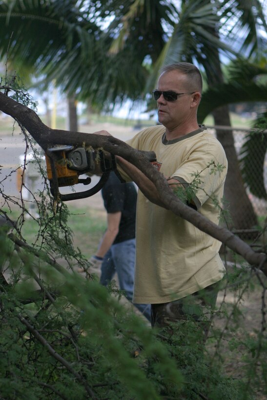 Master Gunnery Sgt. Ron Senkow saws off parts of a tree at Friends for Life, an animal rescue shelter her, March 13. Volunteers spent the day beautifying the shelter grounds, which houses more than 50 animals waiting to be adopted.