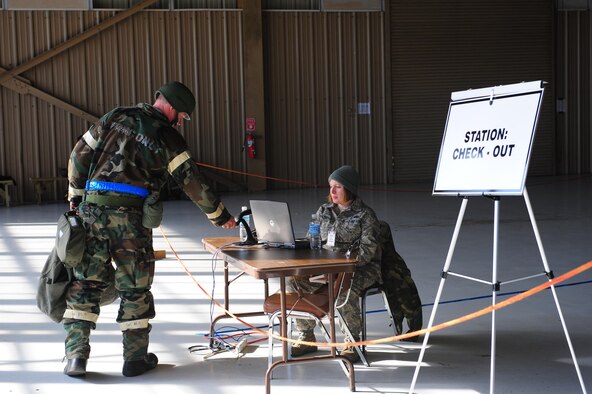 SHAW AIR FORCE BASE, S.C. -- An exercise player performs his final official duty before going home. The transition area provides a safe place for Airmen to pack away their MOPP gear and call it a night. (U.S. Air Force photo/Staff Sgt. Henry Hoegen)