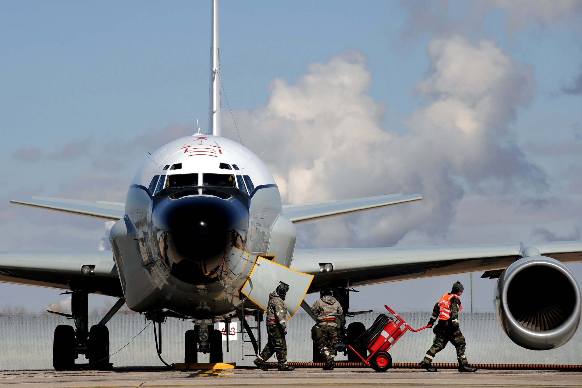 OFFUTT AIR FORCE BASE, Neb.-- Crew Chiefs with the 38th Aircraft Maintenance Unit prepare a RC-135V/W Rivet Joint reconnaissance aircraft, located on the lower parking ramp, Offutt AFB,  for takeoff as part of an Operational Readiness Exercise March 11. 55th Wing Airmen went through a thorough three day exercise to test their mission skills prior to deploying. The 55th wing is in preparation for an Operational Readiness Inspection Sept. 10-16. 

U.S. Air Force Photo by Josh Plueger