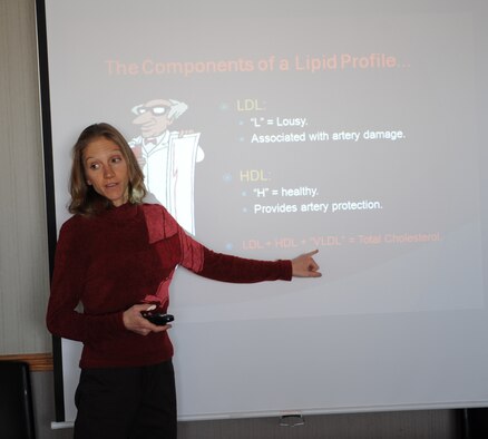 Ms. Amy Kubal, wellness installation dietitian, instructs a wellness class at Ellsworth’s Health and Wellness Center. Ms. Kubal is available to offer her expertise concerning healthy changes in lifestyle, exercise and dieting habits for all Ellsworth personnel.   Her services are free for active duty, civilians or family members but off-base would cost a healthy sum of money. (Air Force photo/Airman 1st Class Adam Grant)