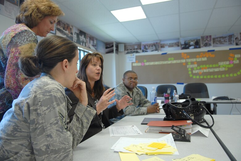 VANDENBERG AIR FORCE BASE, Calif. -- Members of the Air Force Smart Operations for the 21st Century, or AFSO 21, action team discuss ways to streamline the process for the production of the annual statement of assurance.  The team used a successful eight-step method to trim a six-month process down to a two-month process.  The ideas could have possible DOD implications.  (U.S Air Force photo/Staff Sgt. Raymond Hoy)