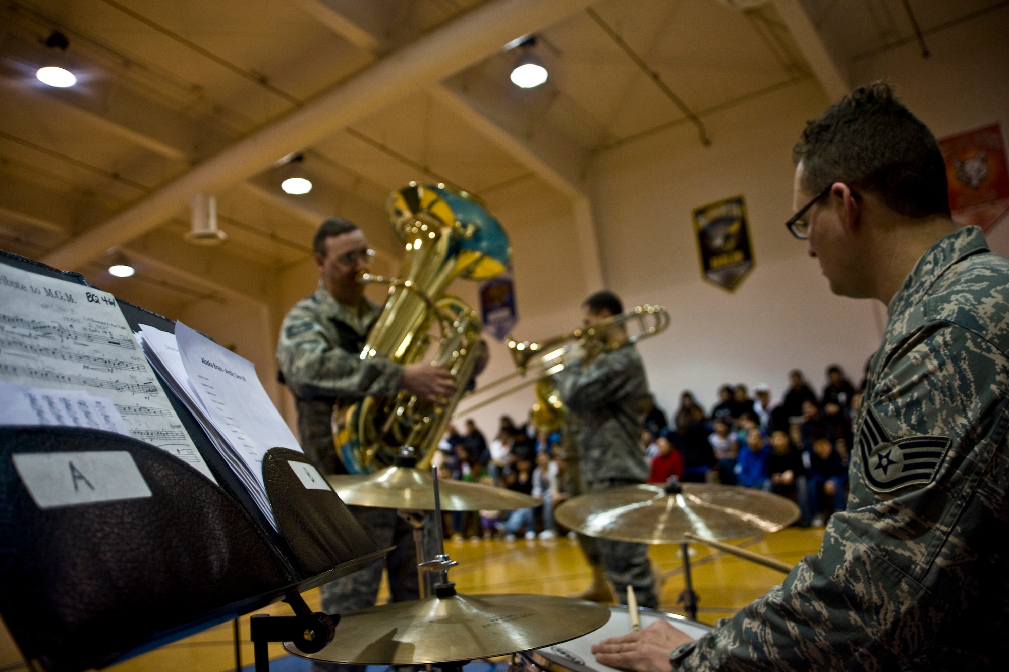 Members of the U.S. Air Force Band of the Pacific's Alaska Brass perform for students at Ignatius Beans Sr. School in Mountain Village, Alaska, on March 11, 2009. The concert of the five-piece brass and percussion ensemble is part of Operation Arctic Care, a Navy-led medical readiness exercise providing no-cost health care and veterinary support to 12 villages in Western Alaska.  (U.S. Air Force photo by Senior Airman Christopher Griffin)