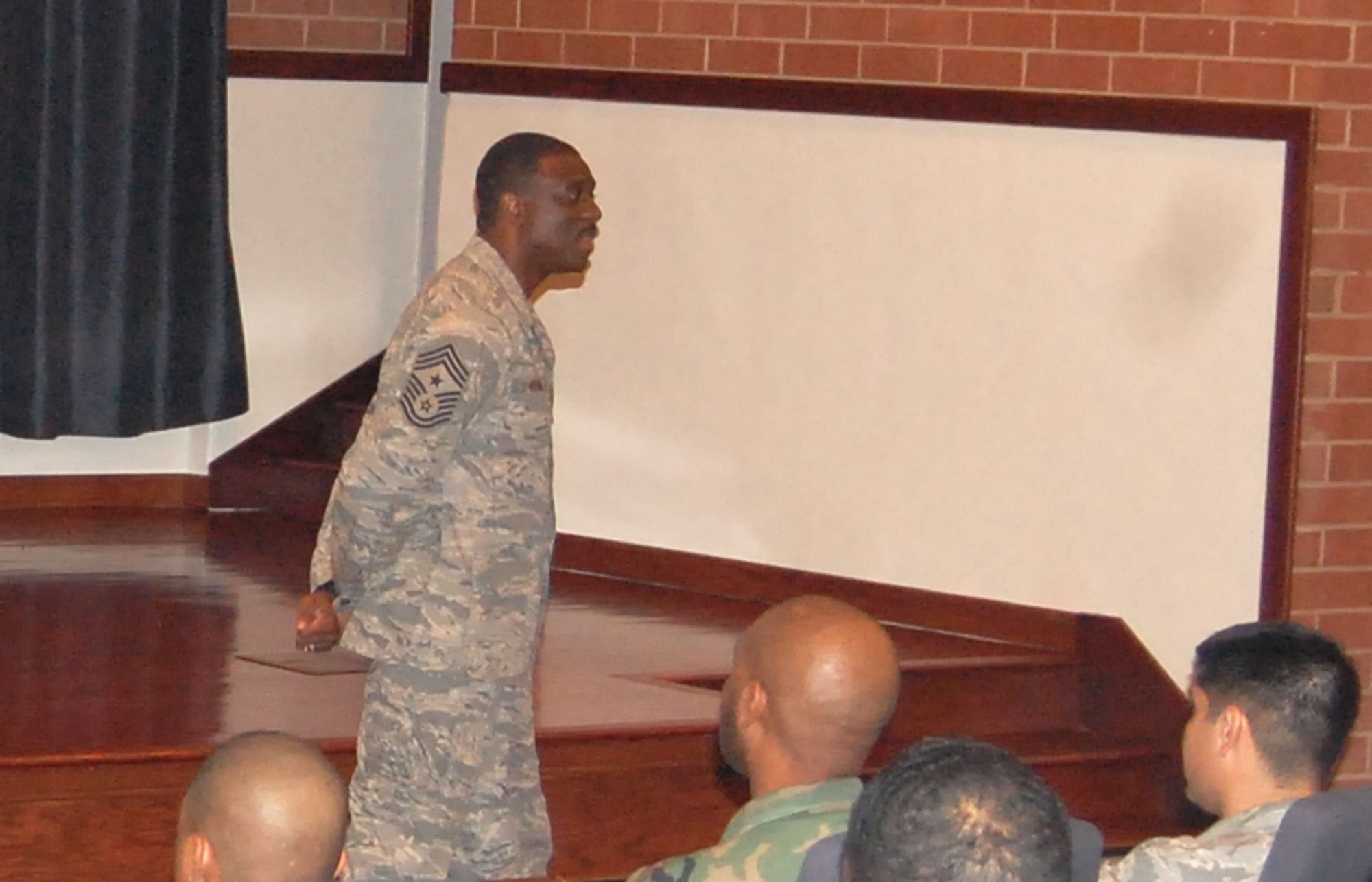 Chief Master Sgt. Fitzgerald Hentz, U.S. Air Force Expeditionary Center command chief master sergeant, holds an NCO call in the center's Grace Peterson Hall on Fort Dix, N.J., on March 12, 2009.  Chief Hentz took the opportunity to talk about leadership, NCO responsibilities and related topics.  (U.S. Air Force Photo/Tech. Sgt. Scott T. Sturkol)