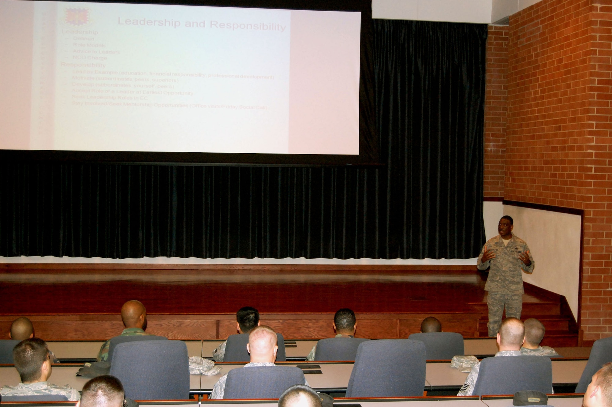 Chief Master Sgt. Fitzgerald Hentz, U.S. Air Force Expeditionary Center command chief master sergeant, holds an NCO call in the center's Grace Peterson Hall on Fort Dix, N.J., on March 12, 2009.  Chief Hentz took the opportunity to talk about leadership, NCO responsibilities and related topics.  (U.S. Air Force Photo/Tech. Sgt. Scott T. Sturkol)