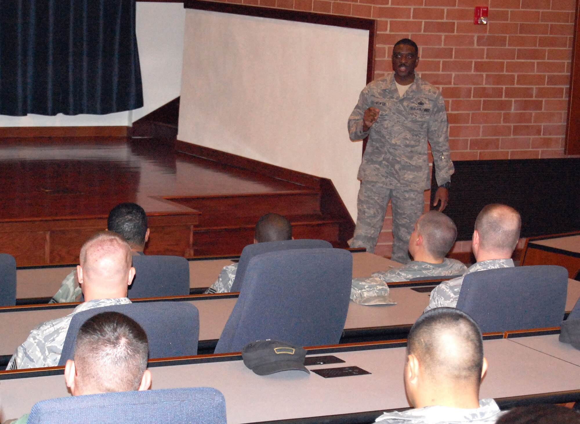 Chief Master Sgt. Fitzgerald Hentz, U.S. Air Force Expeditionary Center command chief master sergeant, holds an NCO call in the center's Grace Peterson Hall on Fort Dix, on March 12, 2009.  Chief Hentz took the opportunity to talk about leadership, NCO responsibilities and related topics.  (U.S. Air Force Photo/Tech. Sgt. Scott T. Sturkol)