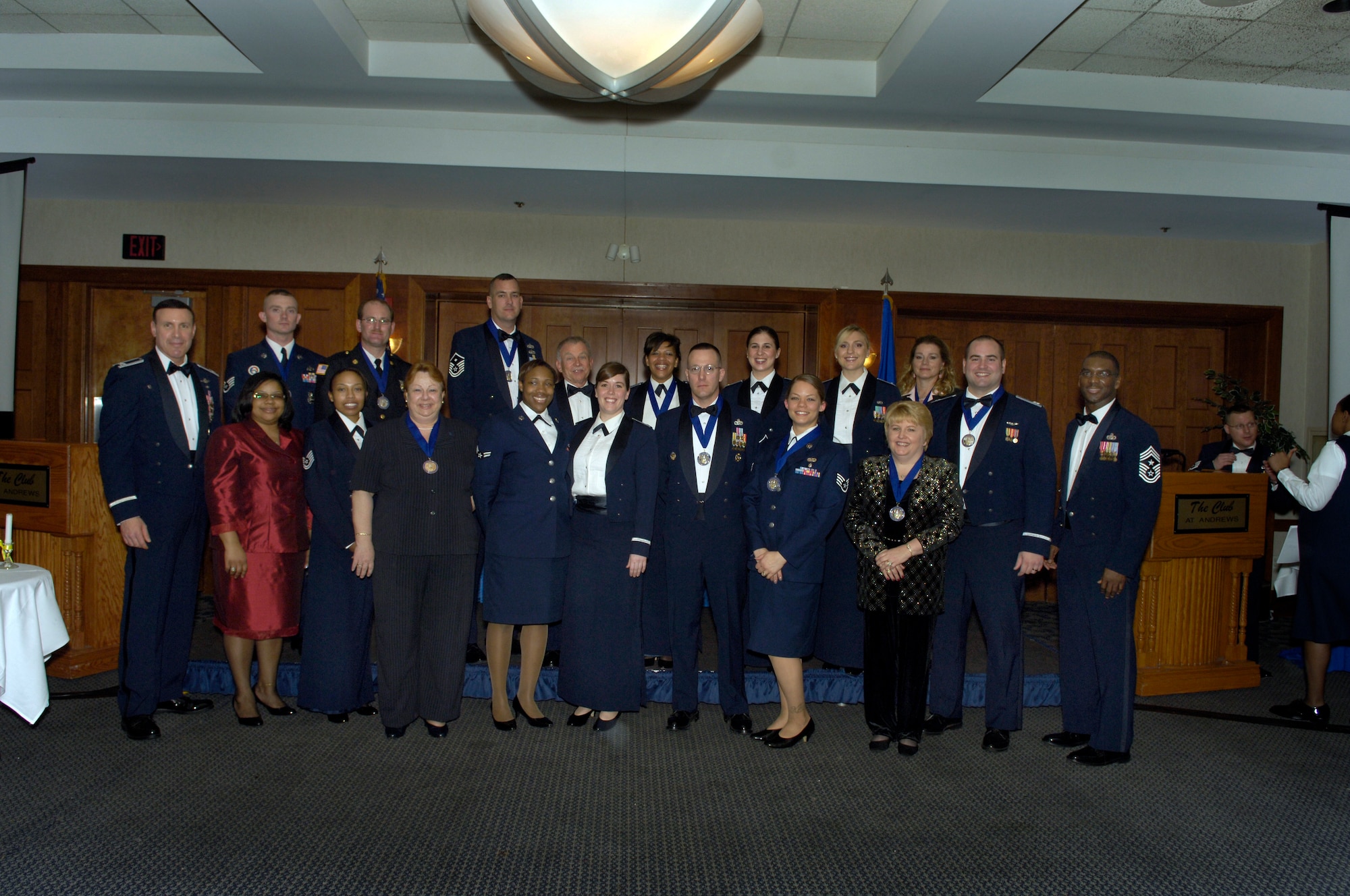 The annual award winners from the 316th Wing pose for a group photo with Col Steven Shepro, 316th Wing commander and Chief Master Sgt. James Davis, 316th Wing command chief at the awards banquet held on Friday, Mar 6 at the club.

The winners are
Company Grade Officer - Capt. Benjamin Milarch, 316th Operations Group
First Sergeant - Master Sgt. Jeffrey Bise, 316th Mission Support Group
Senior Non-Commissioned Officer - Master Sgt. William Ping, 316th Security Forces Squadron
Non-Commissioned Officer - Staff Sgt. Valerie J. Nelson, 316th Wing Judge Advocate
Airman - Senior Airman Rashaundra Singleton, 316th Security Forces Squadron
Honor Guard Member - Staff Sgt. Micheal Crawford, 316th Security Forces Squadron
Category 1 Civilian - Joyce Cusato, 316th Mission Support Group
Category 2 Civilian - Joseph Thompson, 316th Civil Engineer Squadron
Category 3 Civilian - Tracy Morgan, 316th Operations Group
Military Volunteer - Airman 1st Class Anthony Decanay, 316th Mission Support Group
Category 1 Volunteer - Nancy Bennett, 316th Operations Support Squadron