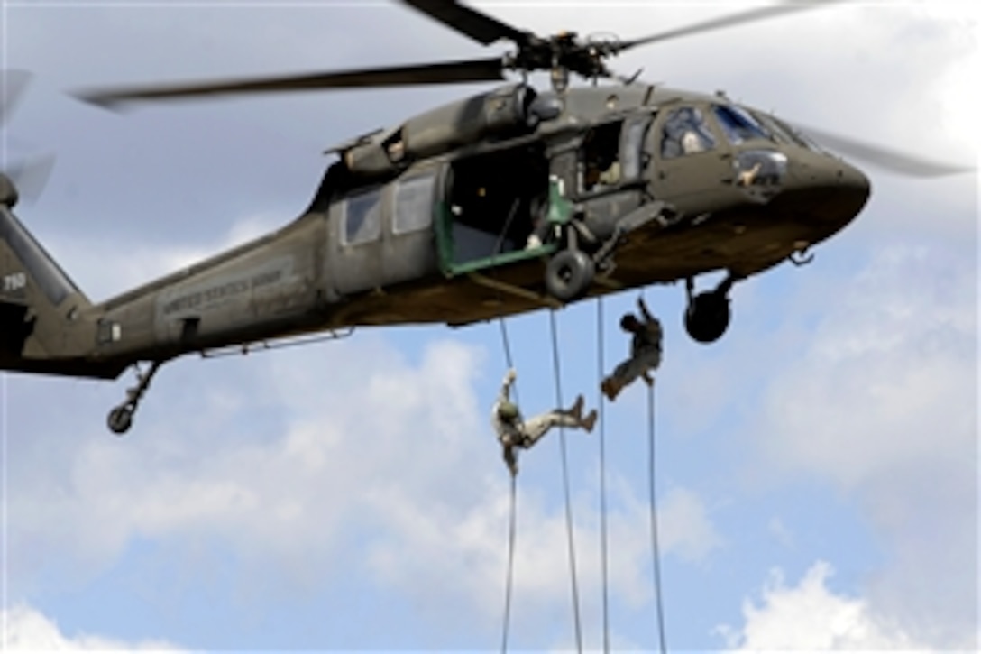 U.S. Army soldiers rappel from a UH-60 Black Hawk helicopter during an air-assault course on Camp Blanding Joint Training Center, Fla., March 5, 2009. The course was the first of its kind for the Florida National Guard, mirroring a similar course taught to active-duty Army soldiers.