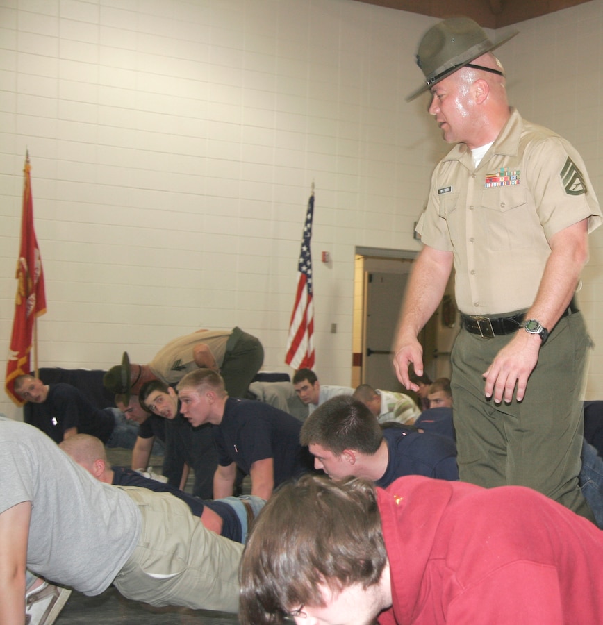 Marine Corps drill instructors visited numerous Iowa,  Nebraska and Illinois locations March 9-13 to join more than 1,000 young men and women who have signed up for the Marine Corps, as well as their families and friends, for dinner, a presentation on recruit training, and an unforgettable 25-minute taste of what these “poolees” can expect at boot camp.