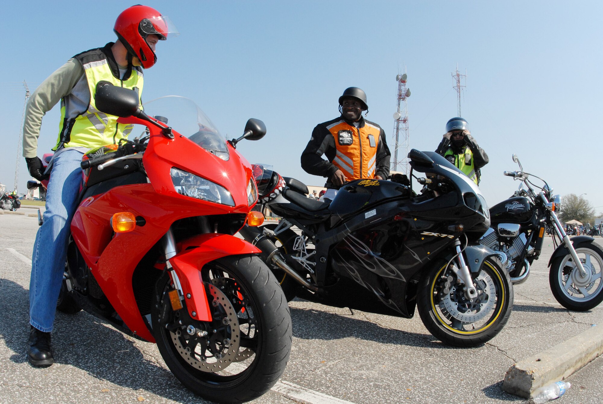 Staff Sgt. Cary Sheppard, 96th Medical Operations Squadron, gets ready to ride with two other bikers at the Team Eglin Motorcycle Safety Day March 13 at Eglin Air Force Base, Fla. The second annual event brought out approximately 280 riders to participate in safety discussions, riding skills competition and group ride. (Air Force Photo/Samuel King Jr.)