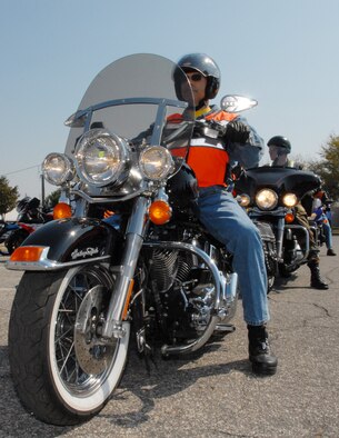 Lee Labruyere, 68th Electronic Warfare Squadron, waits his turn during the riding skills competition at the Team Eglin Motorcycle Safety Day March 13 at Eglin Air Force Base, Fla. The second annual event brought out approximately 280 riders to participate in safety discussions, riding skills competition and group ride. (Air Force Photo/Samuel King Jr.