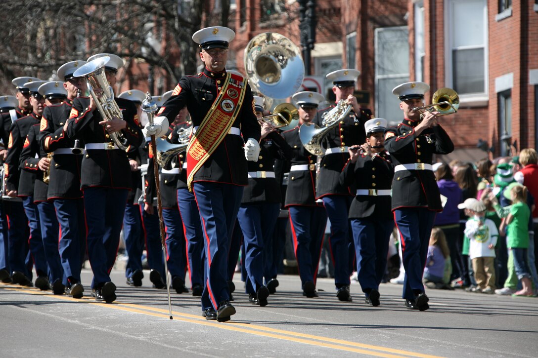 The 2nd Marine Air Wing Band makes its way through the streets of South Boston during a St. Patrick’s Day parade March 15.